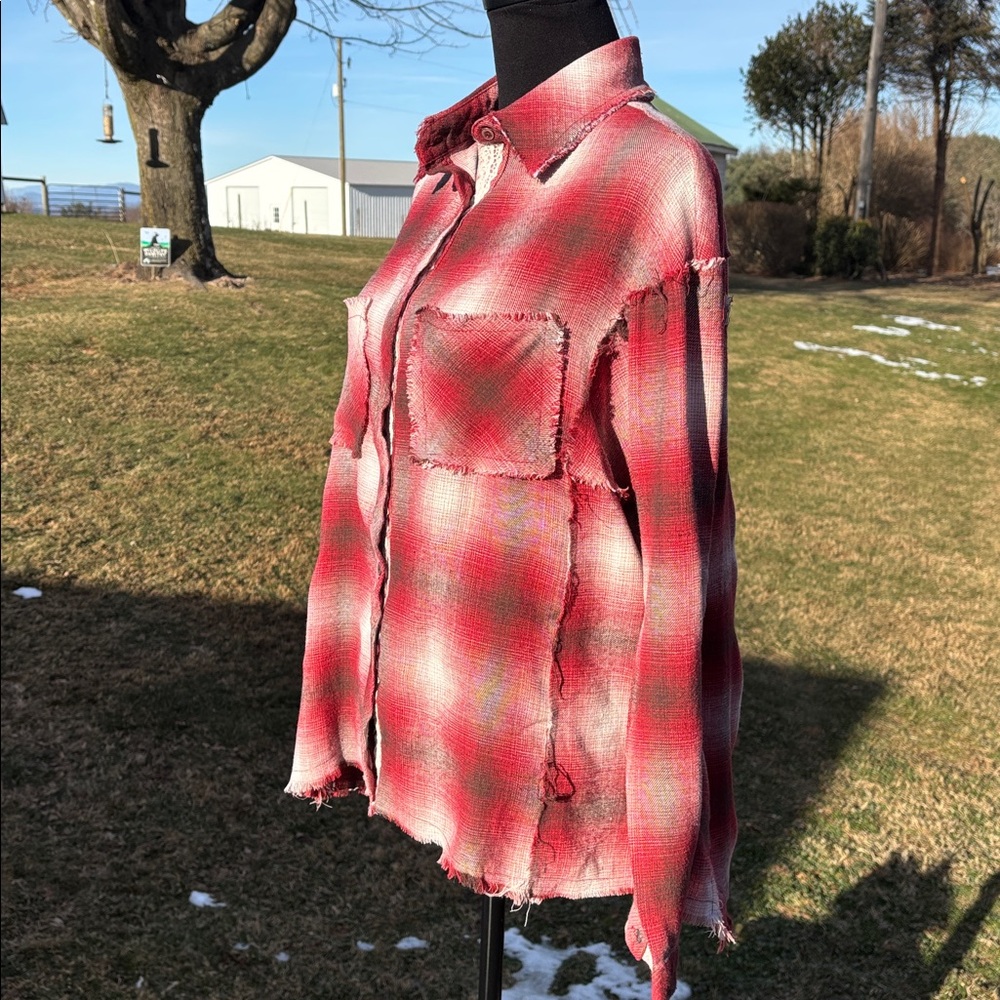 -POL Red Brown Bone Flannel Frayed Button Up Blouse Oversized Women’s Medium - Picture 8 of 13